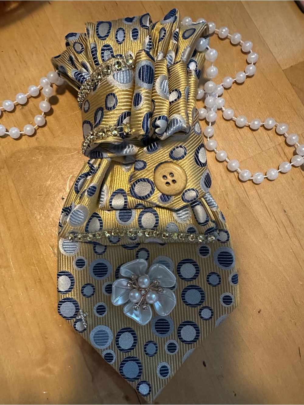 Silk Tie necklace with Pearl Flower Accent - Yellow & Blue